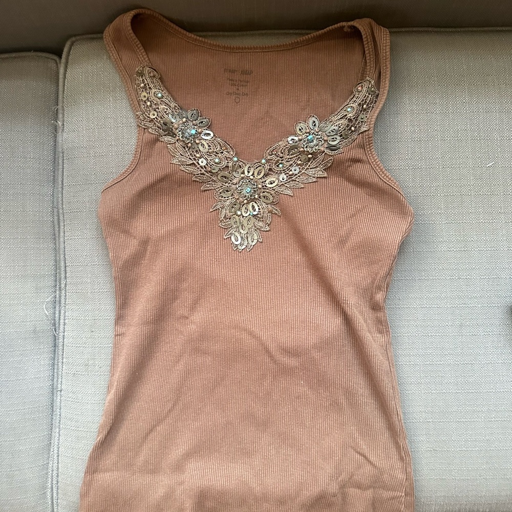 Brown vintage top with beaded neckline